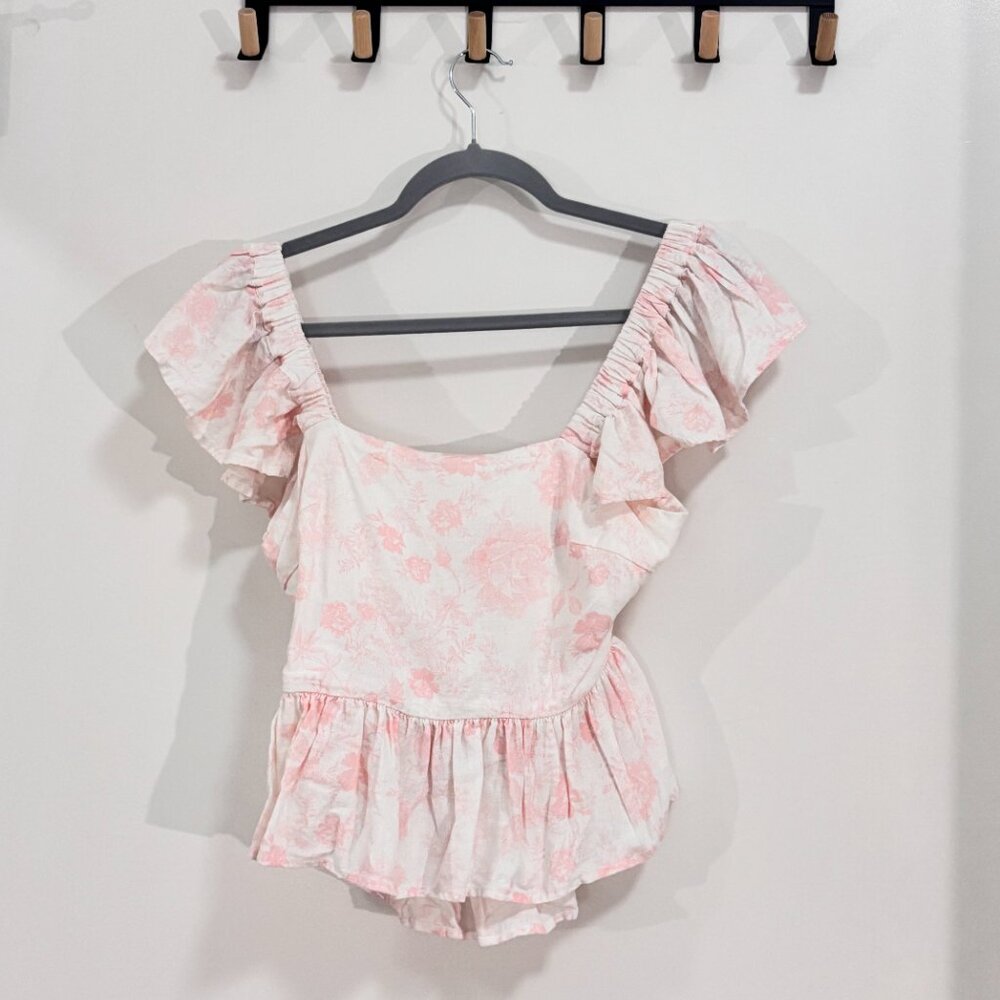 Mi Ami Pink Floral Puff Sleeve Romper M Tie Back Romantic Cottage-Core